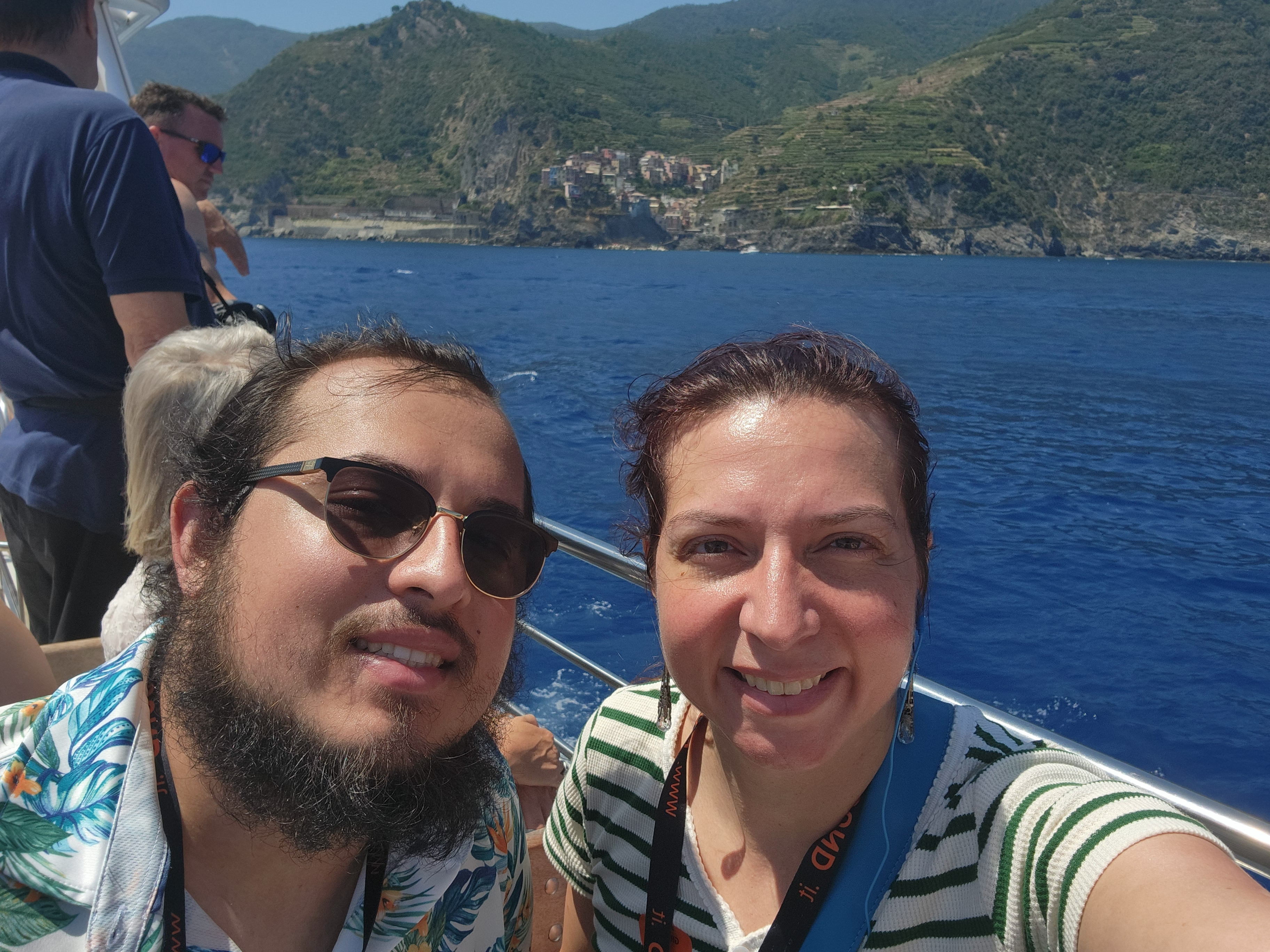 Alex and Jessica on a boat near Cinque Terre, Italy